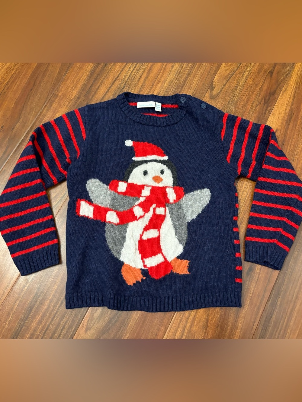 JoJo Maman Bebe navy/red stripe penguin crewneck sweater